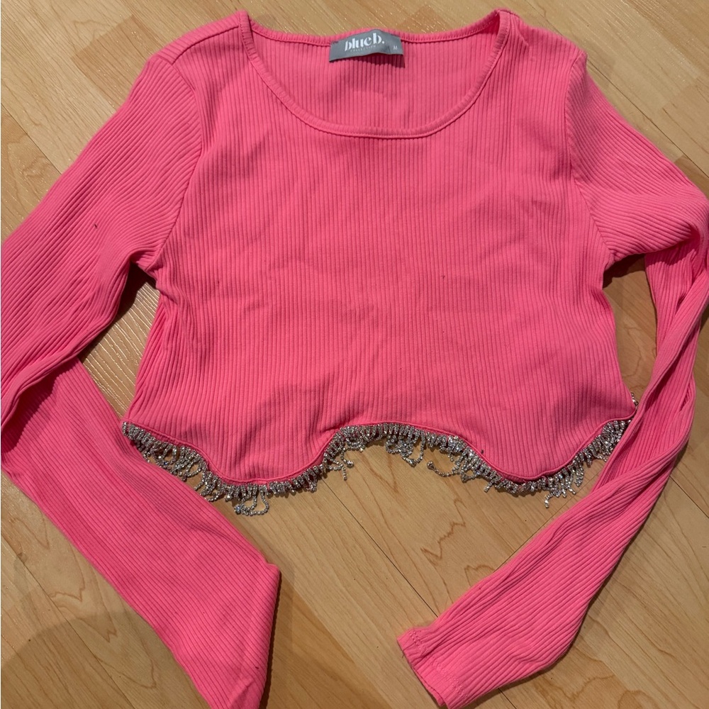 Pink Ribbed Long Sleeve Crop Top